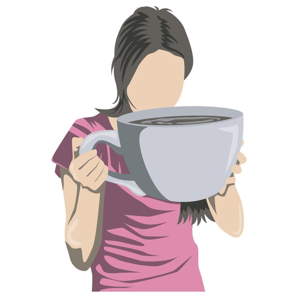 of woman drinking a large cup of coffee vector