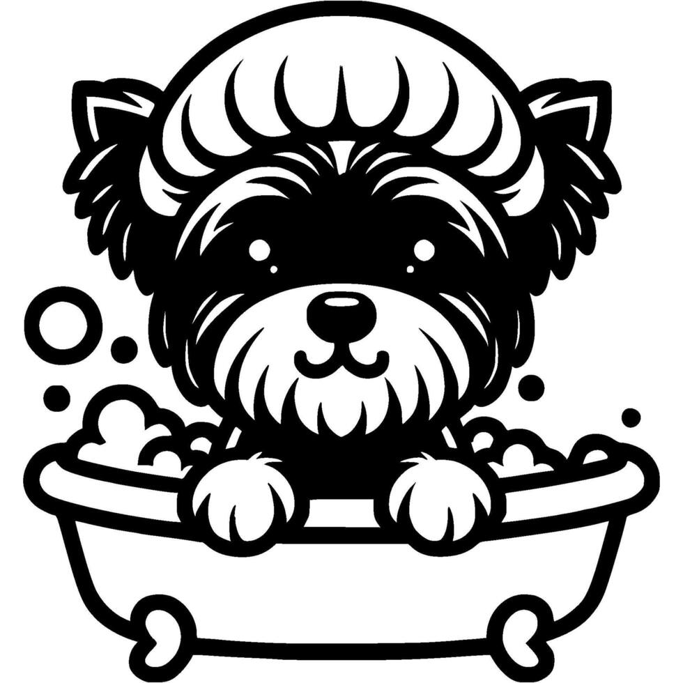 Domestic puppy sitting in bubble bath with bathing cap on head in monochrome. Simple minimalistic image in black ink drawing on white background vector