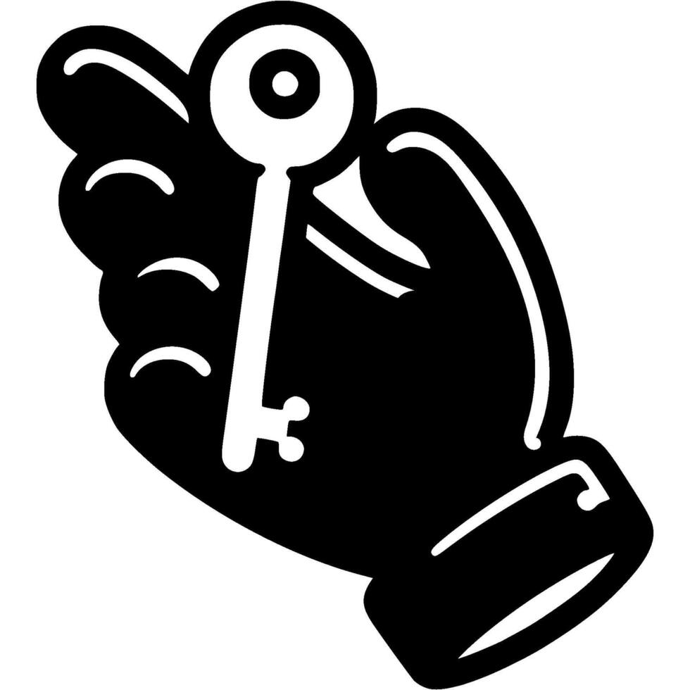 Bandit hand holds key to lock in monochrome. Simple minimalistic image in black ink drawing on white background vector