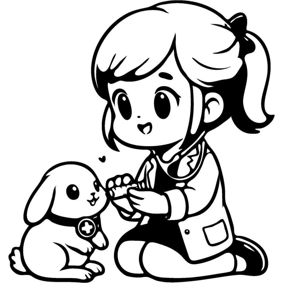 Girl veterinarian plays doctor with pet rabbit and gives animal medicine in monochrome. Simple minimalistic image in black ink drawing on white background vector
