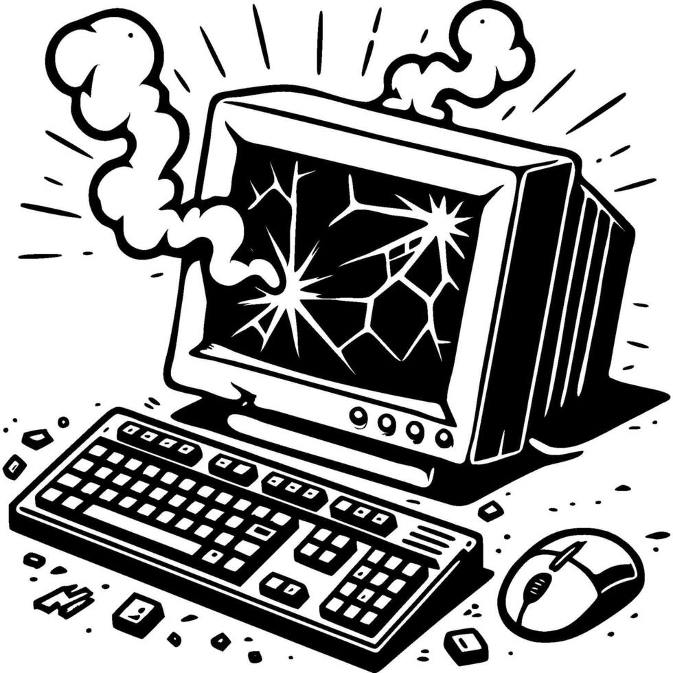 Broken computer smoking and burnt from overload in monochrome. Simple minimalistic image in black ink drawing on white background vector