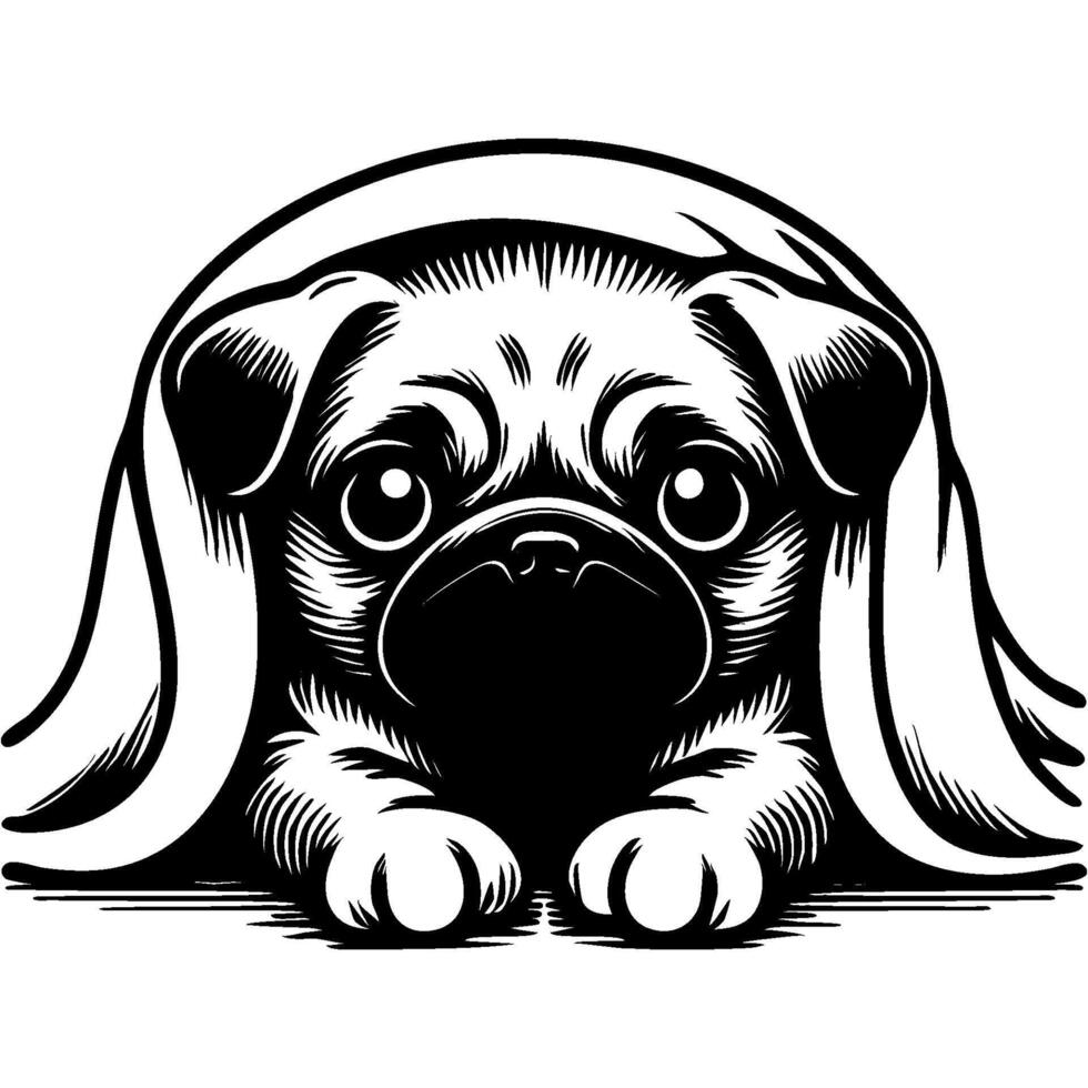Pug puppy hid from owner under blanket in monochrome. Simple minimalistic image in black ink drawing on white background vector