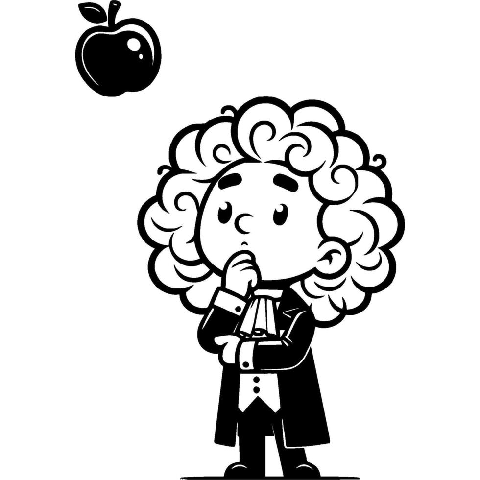 Young medieval scientist watches an apple fall under force of gravity in monochrome. Simple minimalistic image in black ink drawing on white background vector