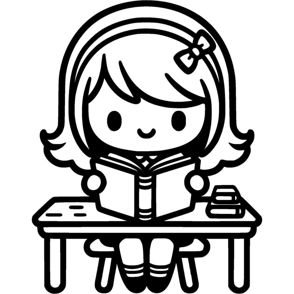 Girl student reading book preparing for lessons in monochrome. Simple minimalistic image in black ink drawing on white background vector