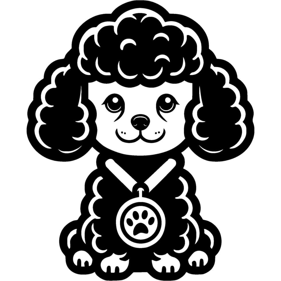 Curly poodle puppy with dog show winner medal worn around its neck in monochrome. Simple minimalistic image in black ink drawing on white background vector