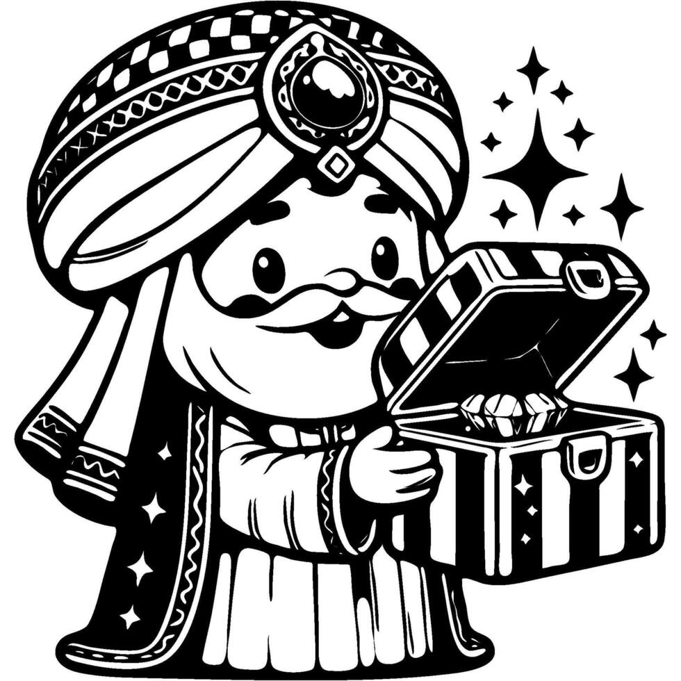 Arab sage presents a gift in an open jewel box in monochrome. Simple minimalistic image in black ink drawing on white background vector