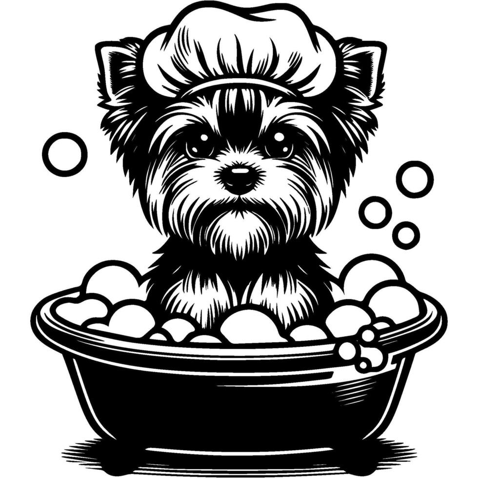 Yorkshire Terrier pet sitting in bubble bath with bathing cap on head in monochrome. Simple minimalistic image in black ink drawing on white background vector