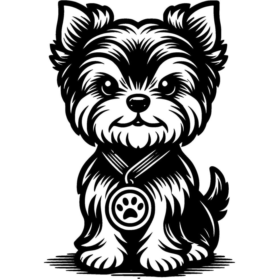 Yorkshire Terrier puppy with dog show winner medal worn around its neck in monochrome. Simple minimalistic image in black ink drawing on white background vector