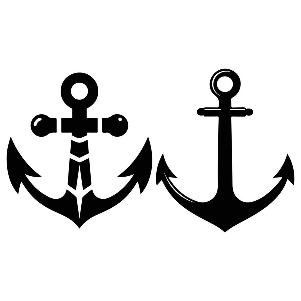 Black silhouette illustrations of two nautical anchors, showcasing distinct designs vector