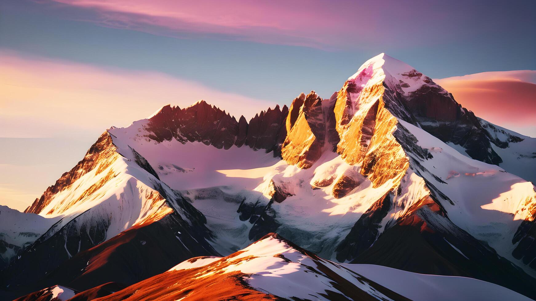 Towering mountains with snowy peaks bathed in the warm light of sunrise, casting long shadows and illuminating the sky with hues of pink, orange, and gold. photo