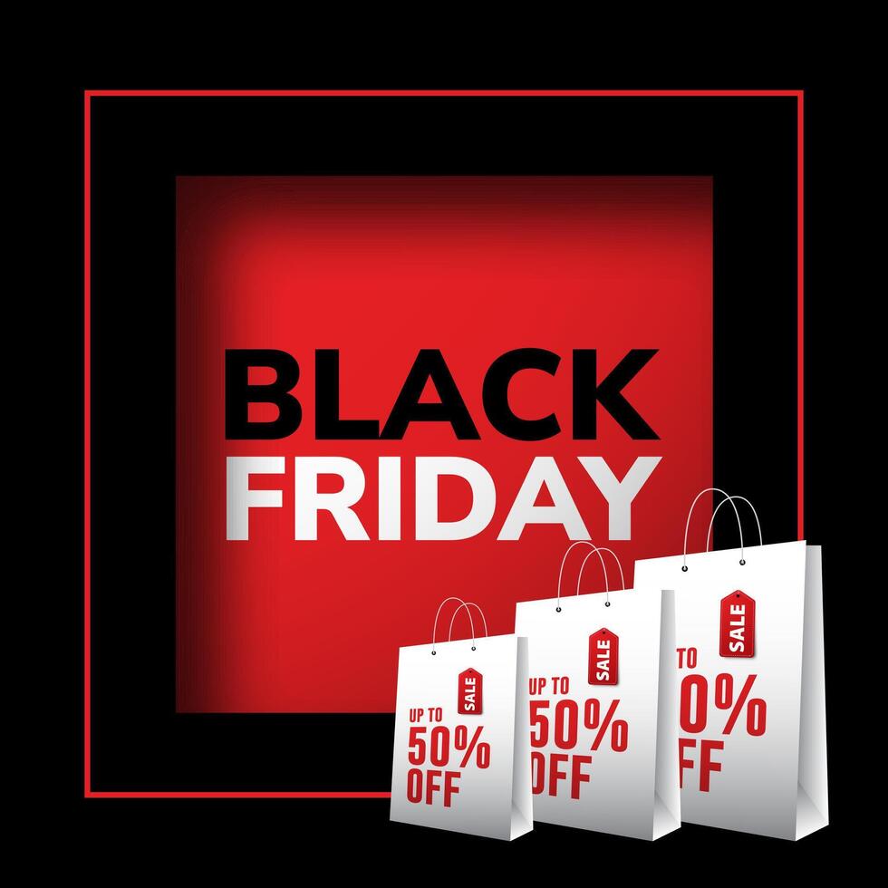 Black Friday Banner With white Shopping Bag on Red Background For Black Friday Holiday vector