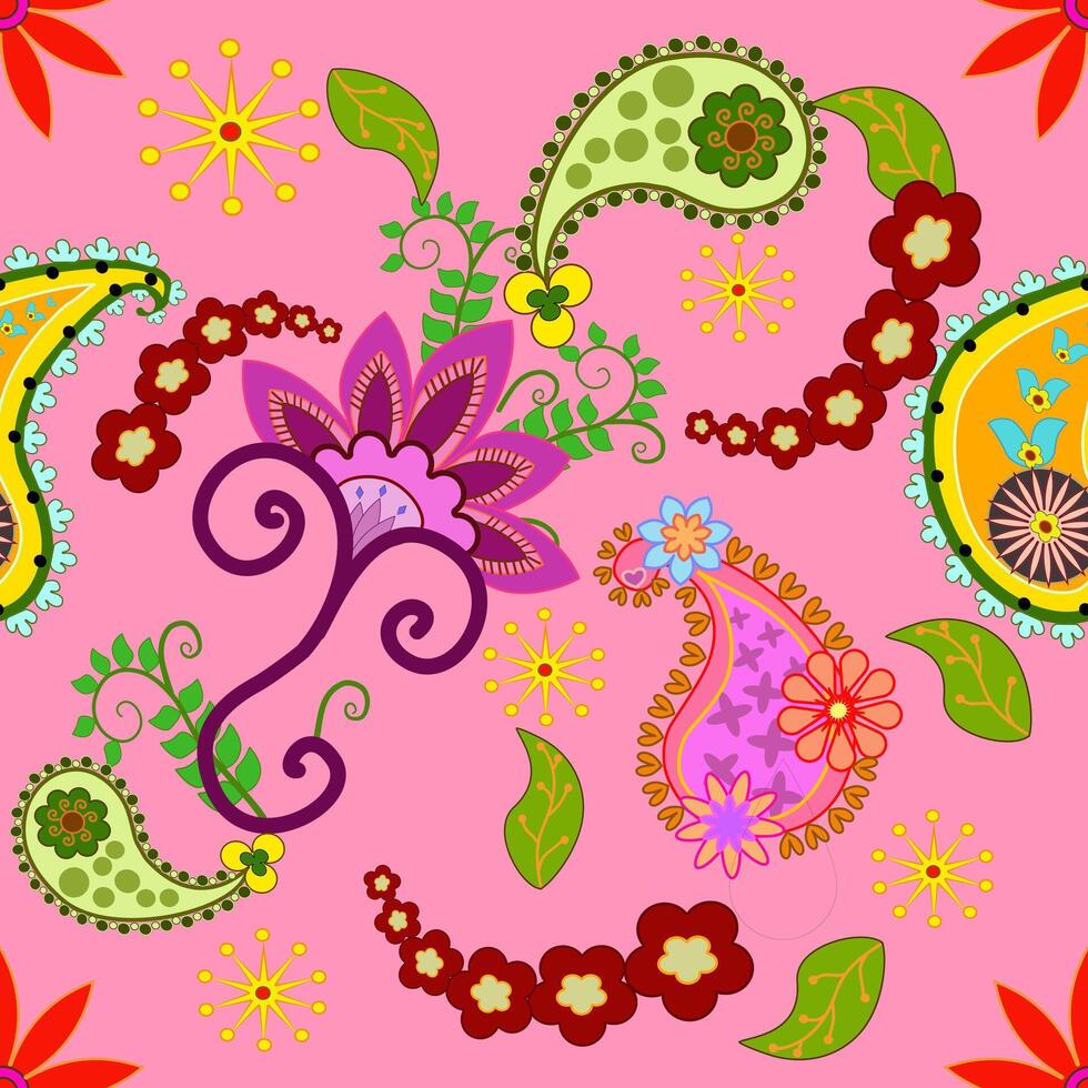 Paisley floral pattern in green and orange color. Ornate damask fabric swatch. vector