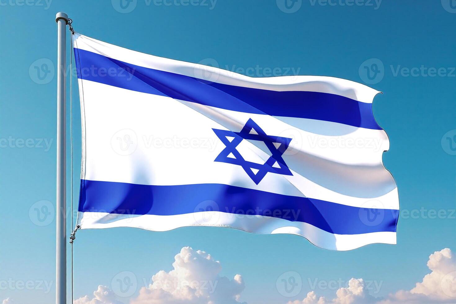 Israel Flag Waving Against Clear Blue Sky photo