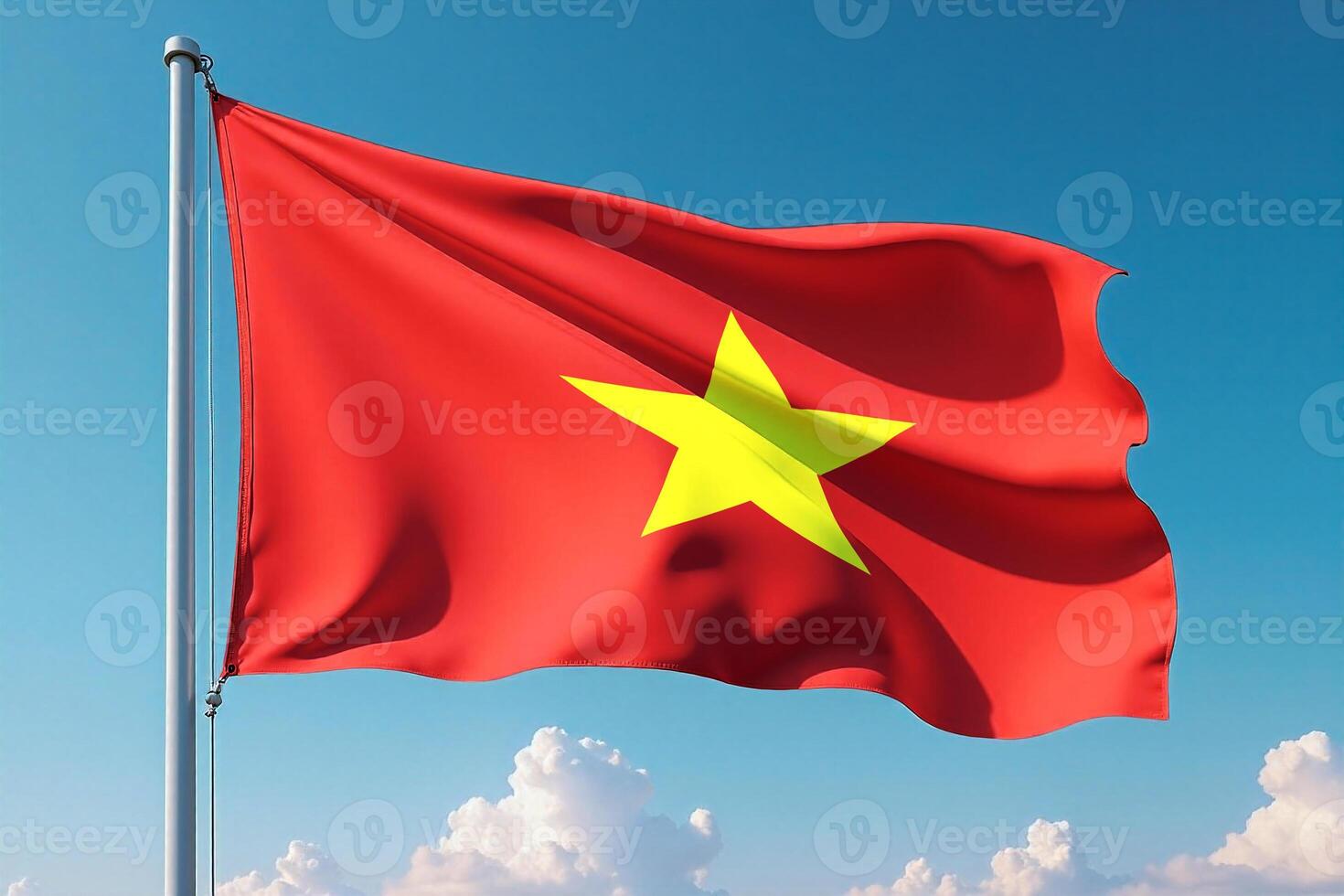Vietnam Flag Waving Against Clear Blue Sky photo