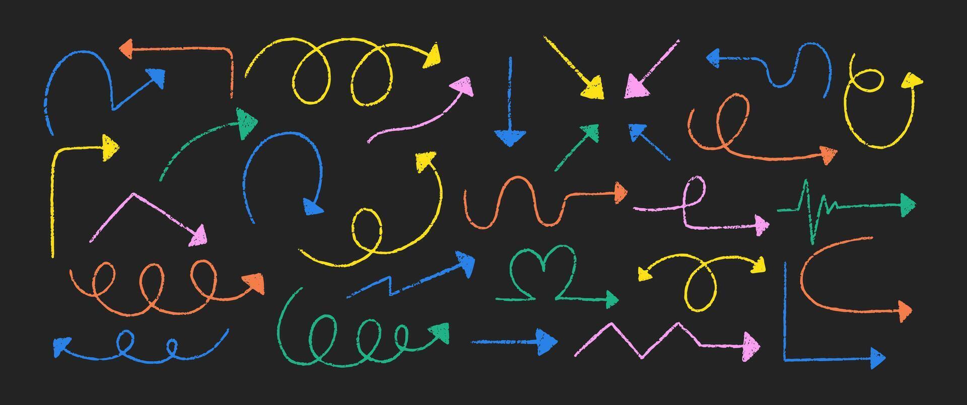 Set of rough, zigzag, circle and straight arrows with crayon, pastel and pencil texture. Color illustration on a black background. vector