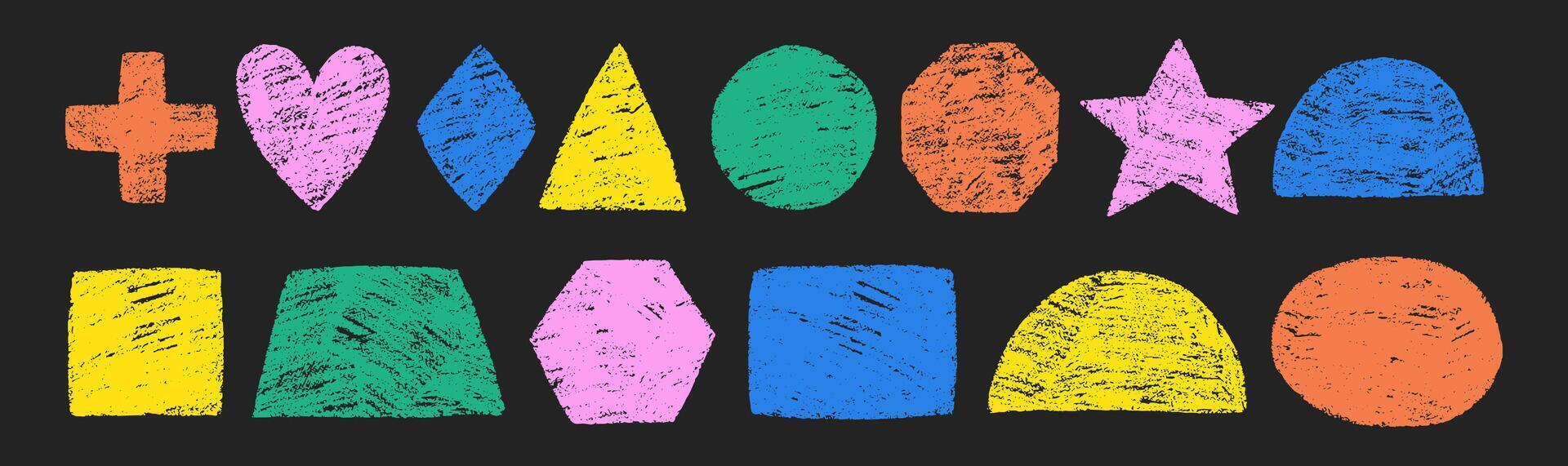 Colorful crayon hand drawn circle, square, triangular, heart and star on blackboard. Texture illustration on a dark background. vector