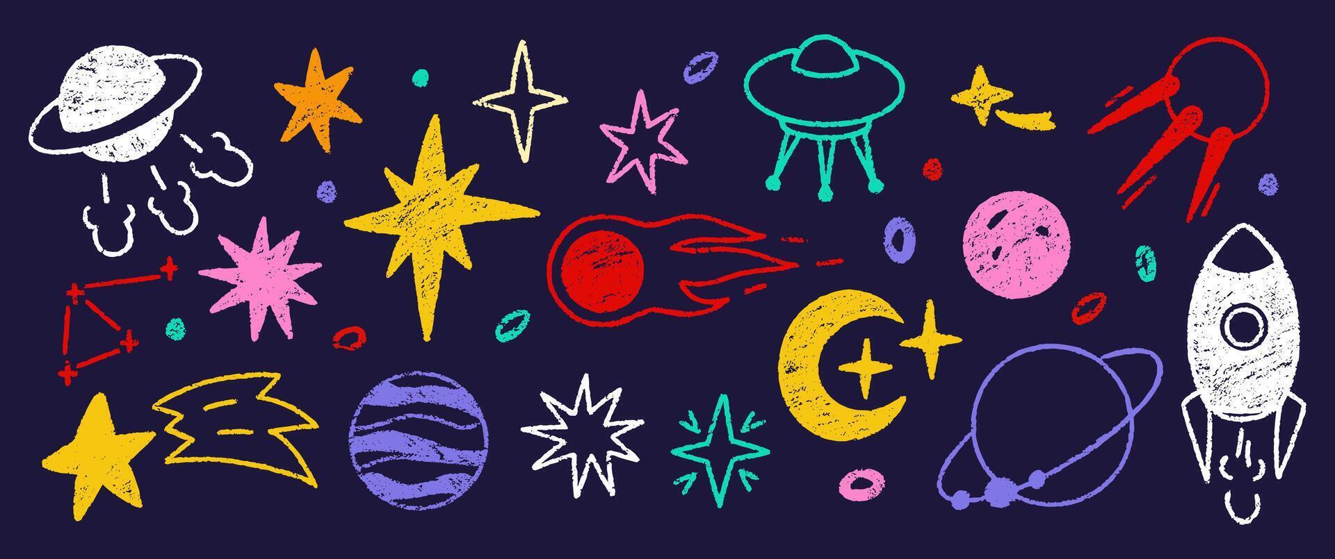 Doodle illustration of space, planets, stars and sun with crayon, pencil or chalk texture. Hand drawn cartoon illustration for kids. Colorful pastel illustration on a dark background. vector