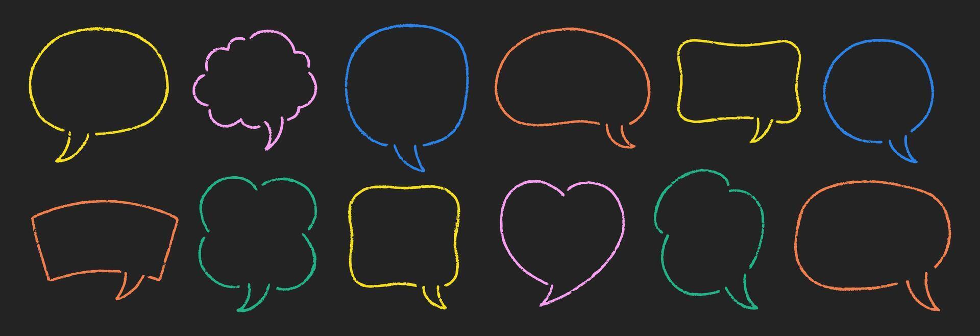 Set of hand drawn crayon, charcoal, chalk speech bubbles in doodle style. Outline text boxes on a dark background. Multicolor illustration. vector
