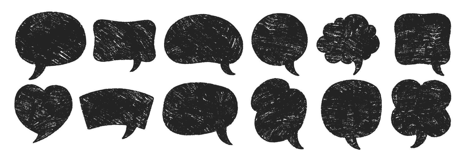 Set of hand drawn grunge crayon, charcoal, chalk speech bubbles in doodle style. Text boxes on a white background. vector