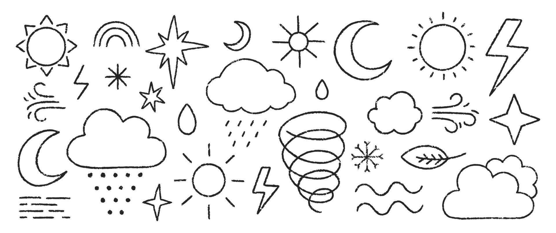 Collection of weather symbols with crayon, chalk and pastel texture. illustration of rain, storm, sun, star, lightning on a white background. vector
