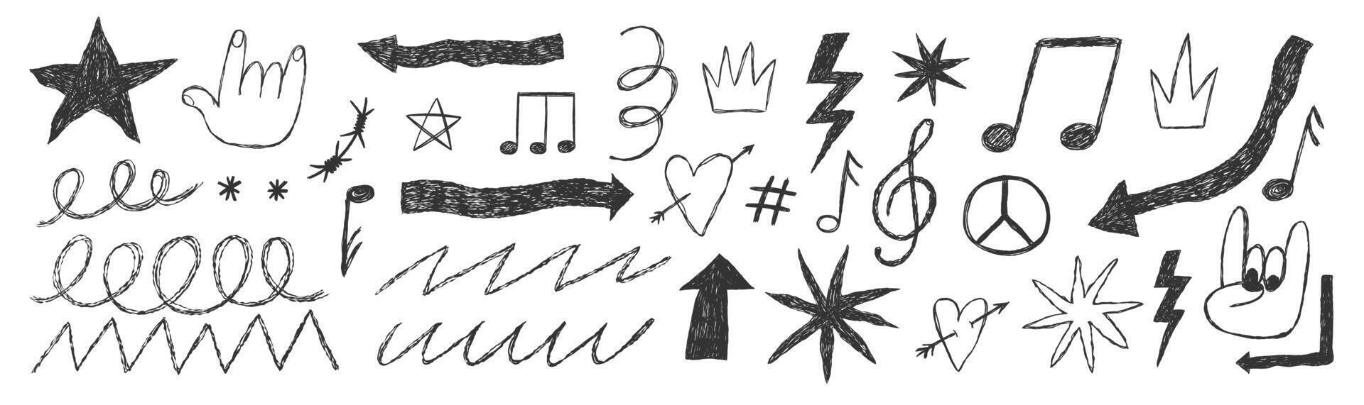 Grange punk elements with chalk or crayon texture. Hand drawn heart, crown, music notes and underlines. Doodle illustration. vector