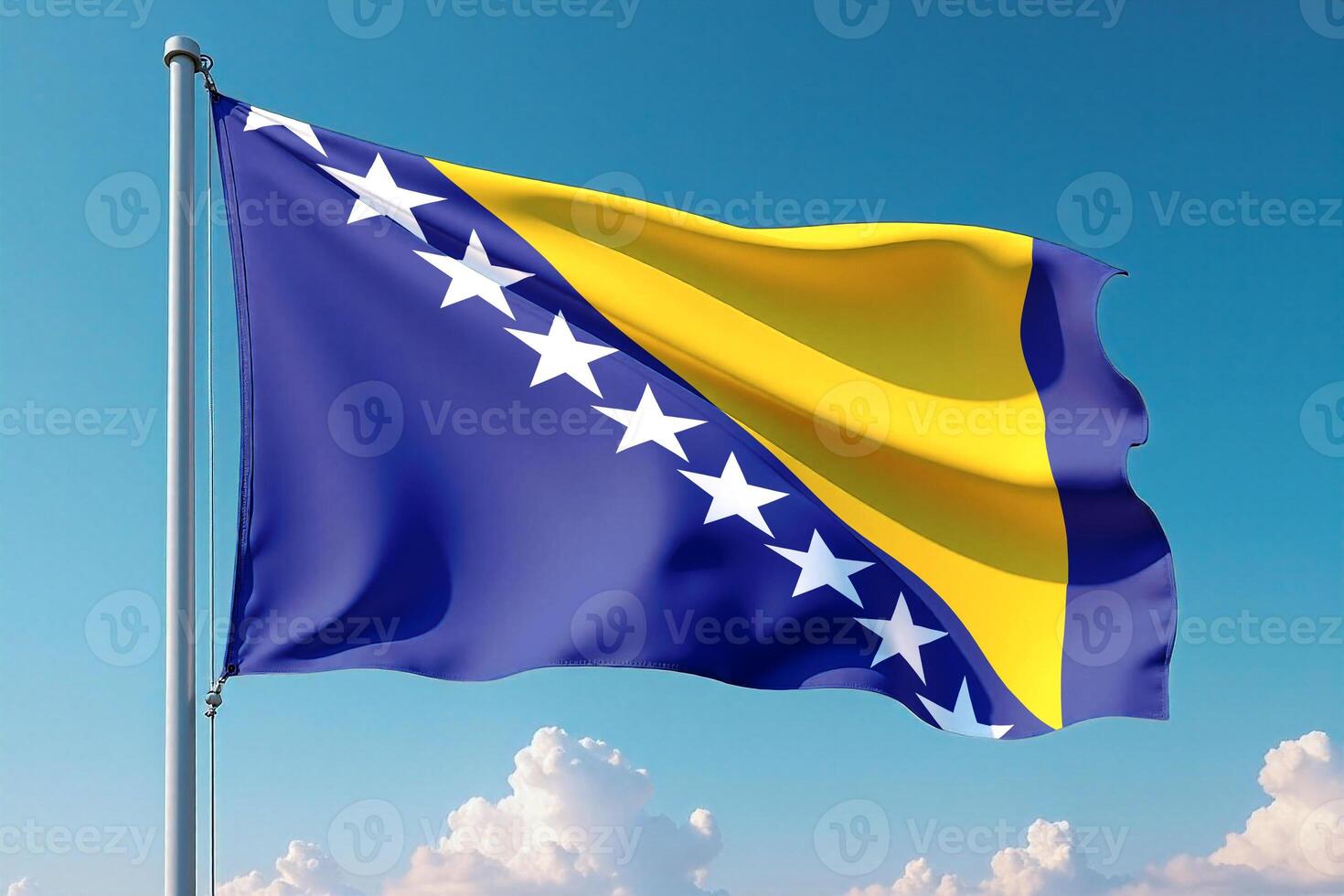 Bosnia and Herzegovina Flag Waving Against Clear Blue Sky photo