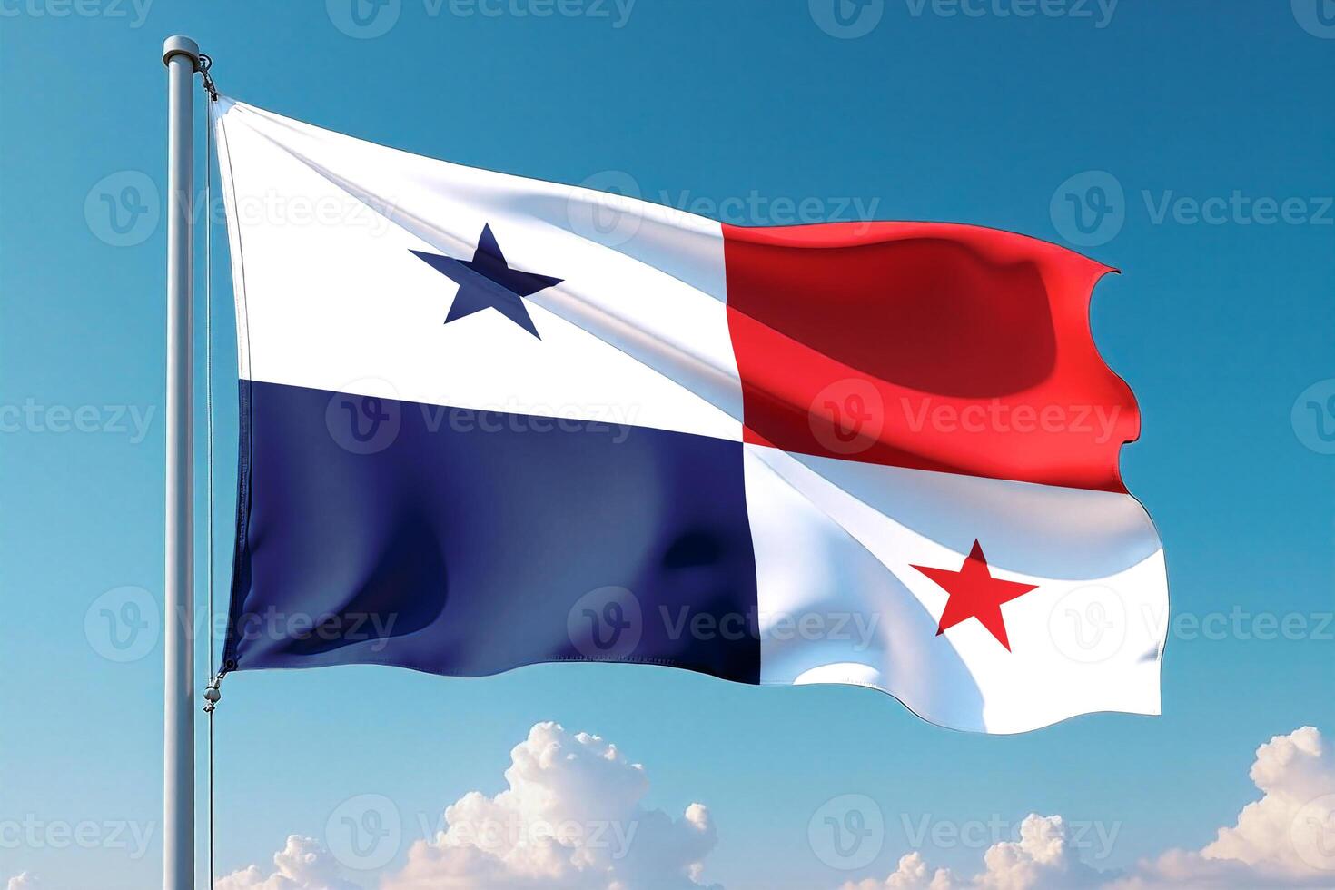 Panama Flag Waving Against Clear Blue Sky photo