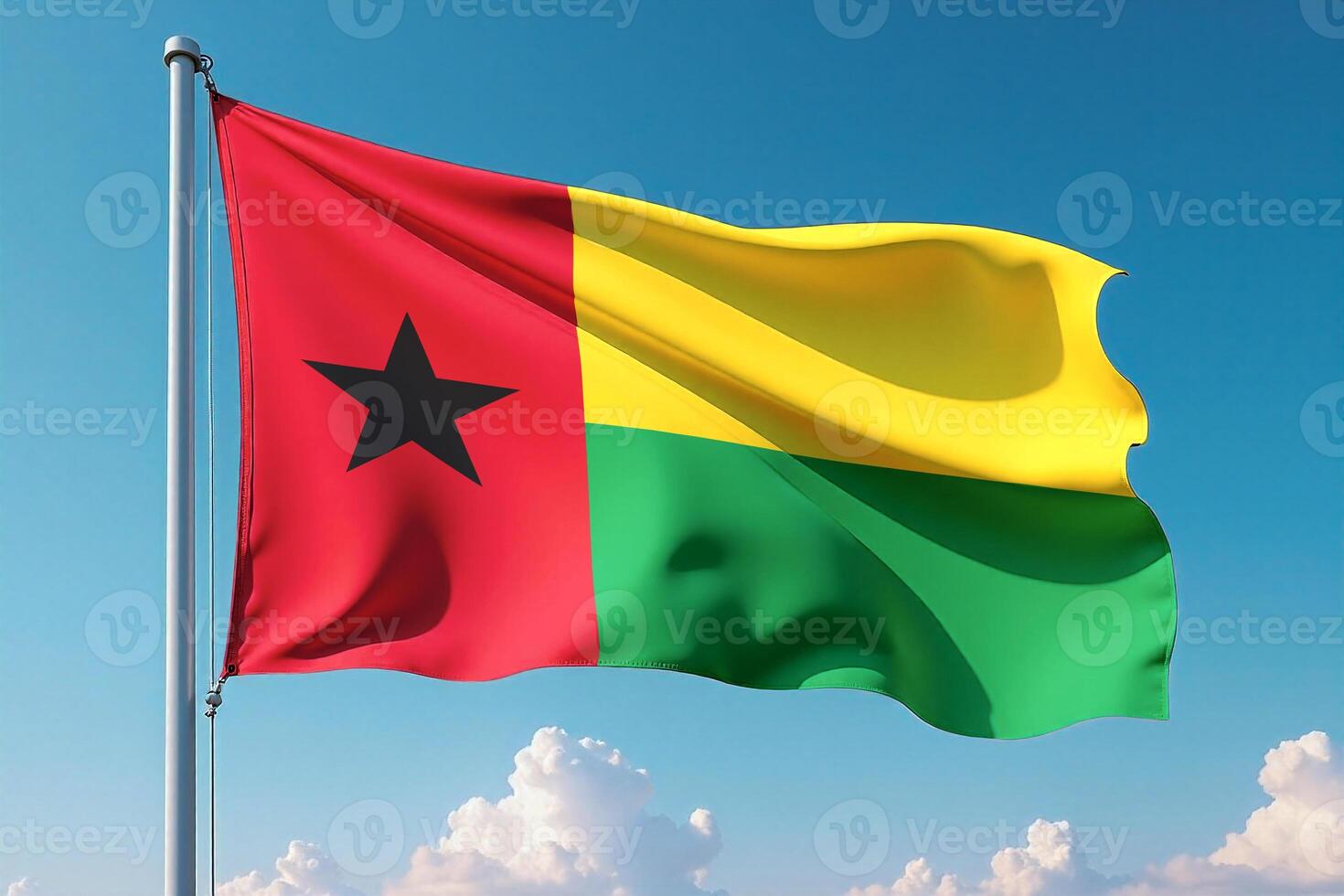 Guinea-Bissau Flag Waving Against Clear Blue Sky photo