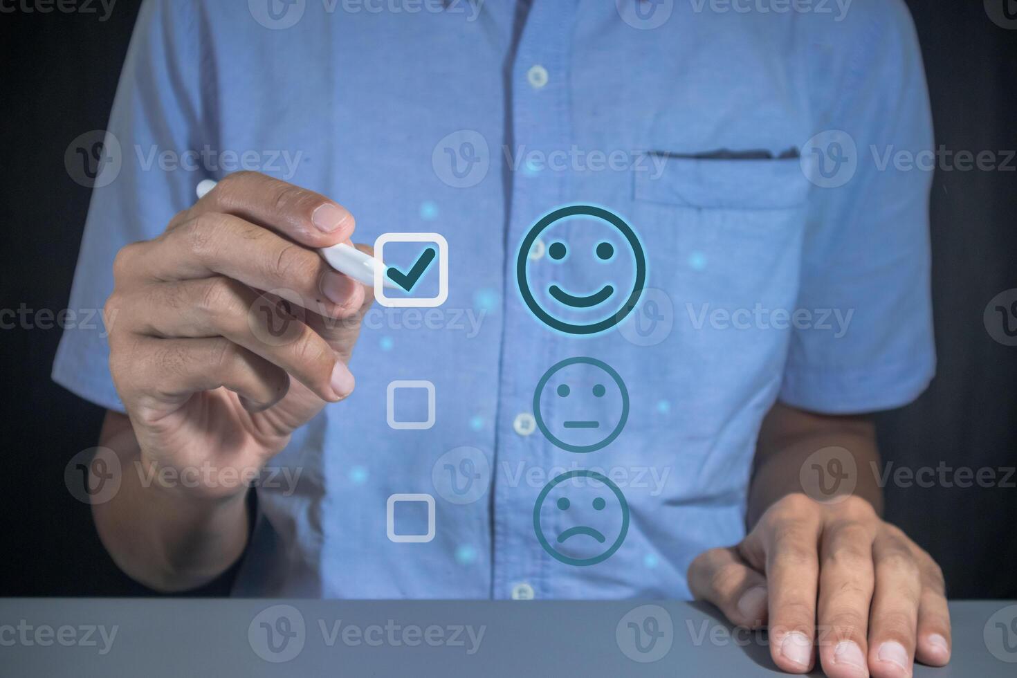 Man gives rating to service experience on virtual screen. Customer review satisfaction feedback concept. photo