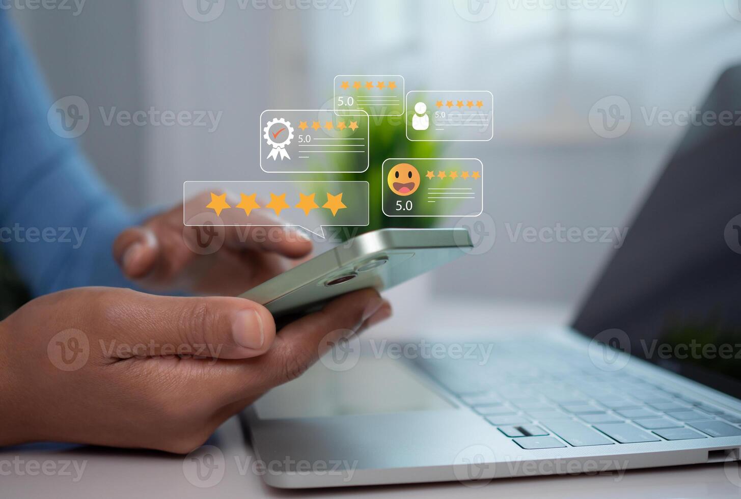 Woman holding smartphone ask customers about their service experience and Rating for a satisfaction survey, Evaluation of product service quality by customers, Positive customer feedback. photo