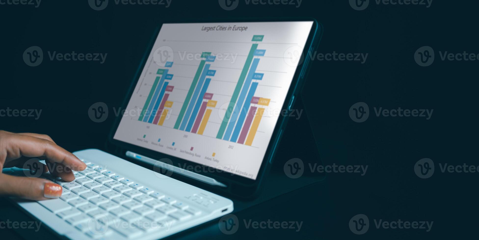 Woman hand using tablet reviewing data in financial charts and graphs with tablet, Business analyzing graphic diagrams for statistic revenue during remote working on tablet. photo