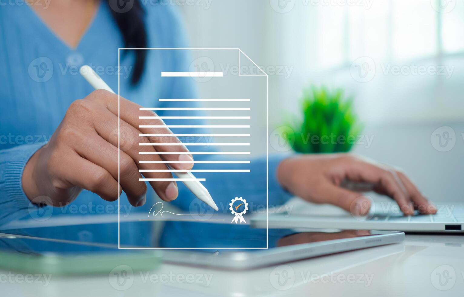Businesswoman use electronic pen sign signature on electronic E-signing, Data sheet document management, Electronic signature and paperless office concept. photo