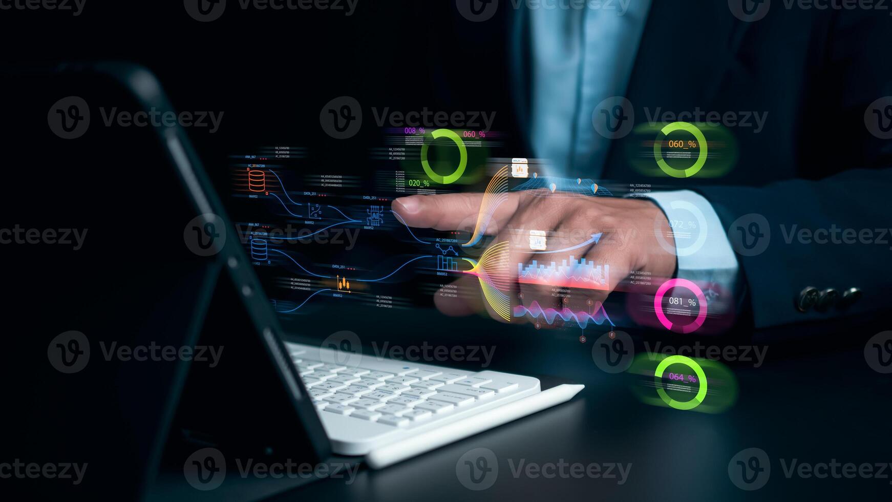 Businessman using tablet for development and Analytics Data technology management System for report marketing strategy planning, Graph analysis and information on a futuristic virtual screen. photo