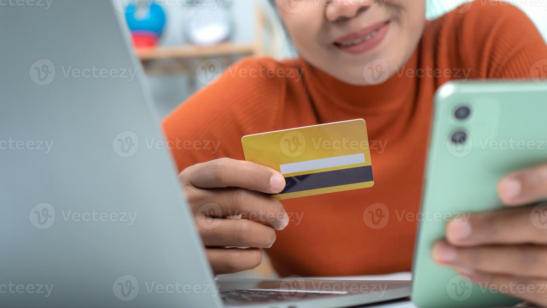 Online banking transaction concept, Woman with credit card using smart phone and shopping online, Ecommerce and secure mobile banking concept, Making online payments. photo