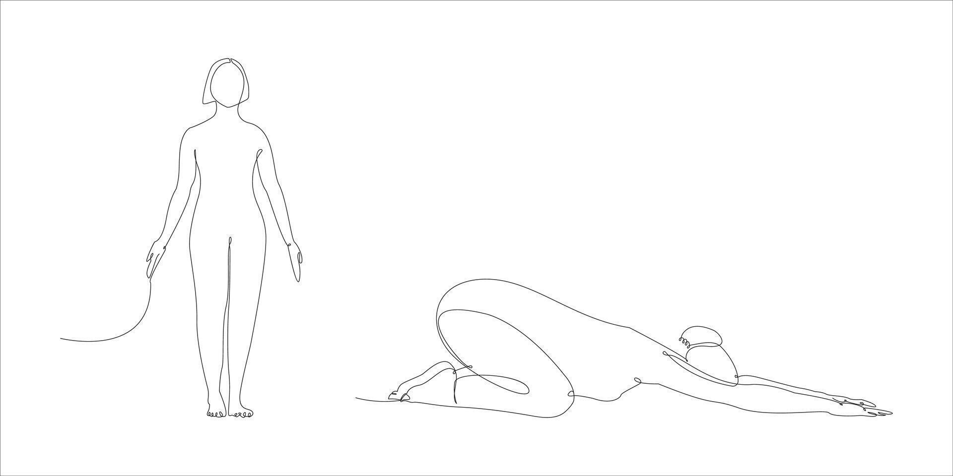 two yoga women in line art design style doing mountain pose and child's pose. continuous line, pilates, athletic, lunge, strength, athletic, women, stretching, half twine, side plank, exercise. vector