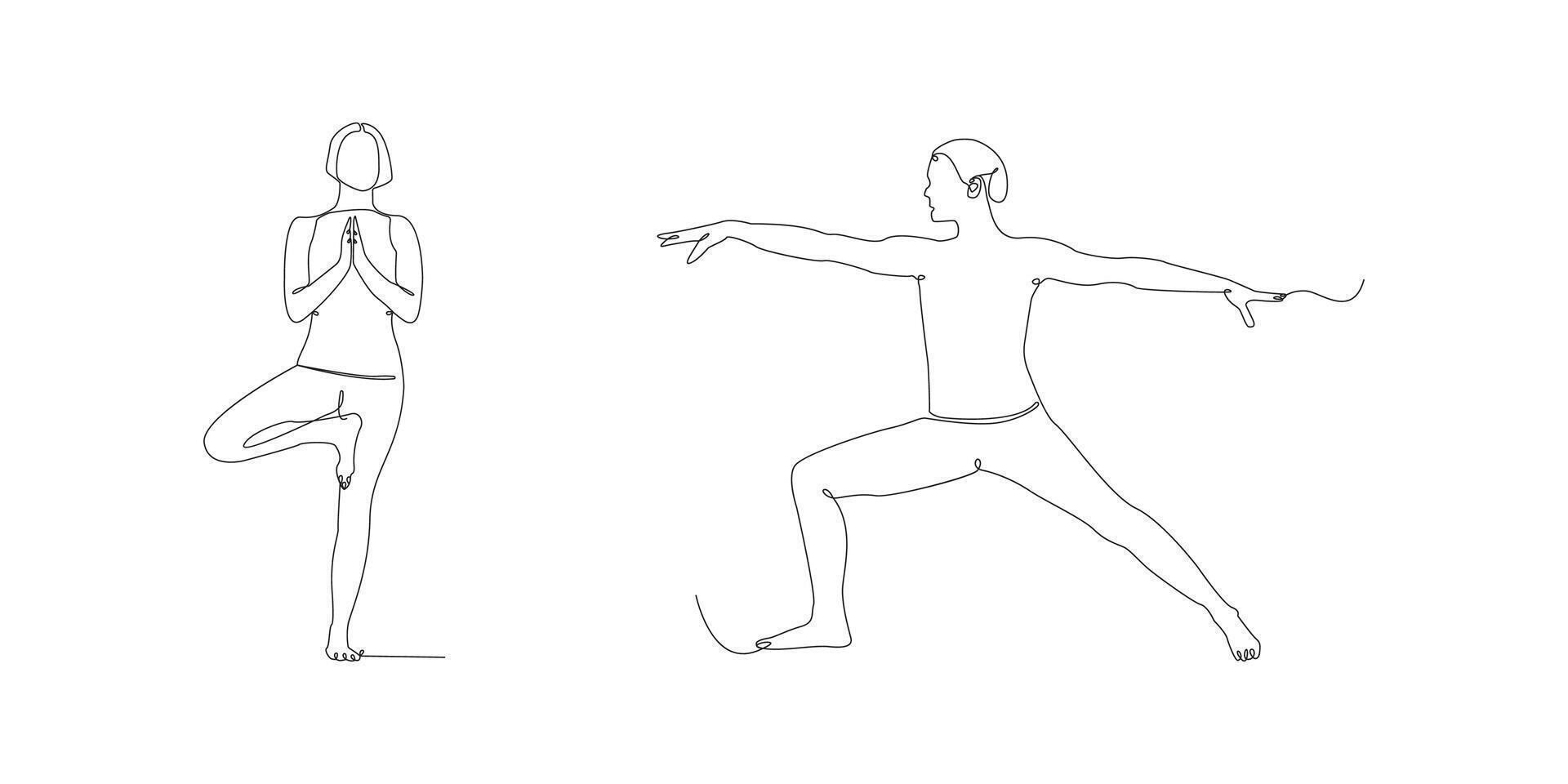 yoga tree pose and warrior pose examples. advanced line art. physical and mental health movements vector