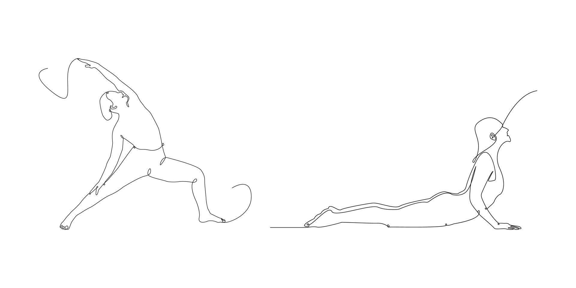 Yoga continuous one line drawing. One line drawing illustration of yoga woman with Inverted Warrior Pose and cobra pose. Meditation, Healthy Body and Relaxation art concept. vector