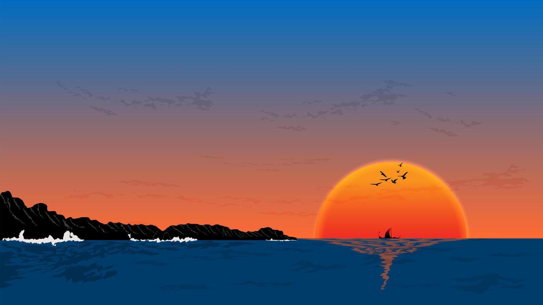 The sun dips below the horizon, casting a warm glow over the calm ocean. A small sailboat glides peacefully across the water, while seagulls soar overhead vector