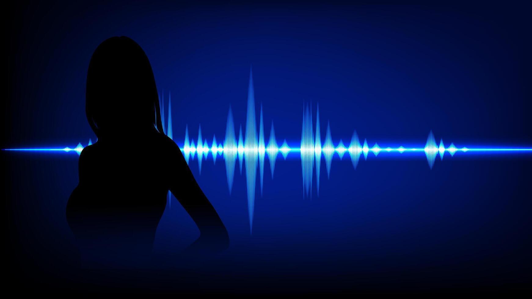 A silhouette of a woman against a dark blue background, and blue sound wave, symbolize auditory communication vector