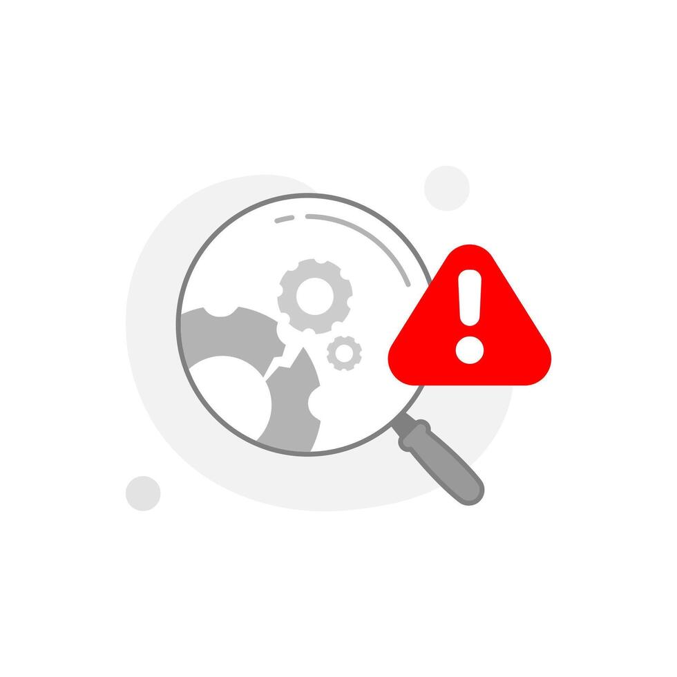 illustration of magnifying glass with a broken gear, technical error, malfunction, search failure. for use in apps, websites, or infographics to visually communicate troubleshooting needs vector