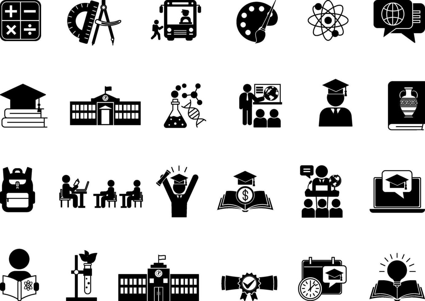 Black School Icons Set. Icons of Education, Science, Biology, Physics, History, Geometry, Math, Tuition, Diploma, Graduation, Student and Others vector