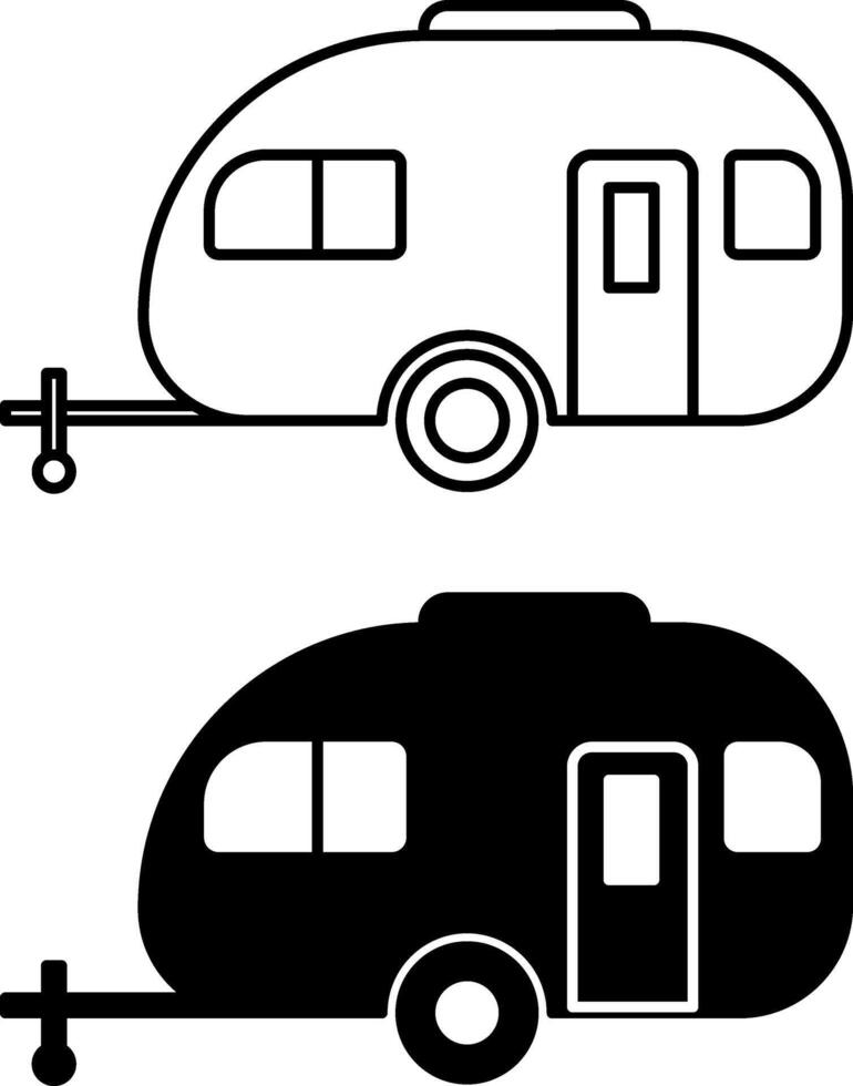 Caravan icons. Black and White Motorhome Icons. Car Trailer, Camper, Motorhome. Camping and Tourism Concept vector