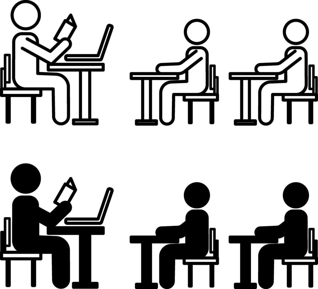 Classroom Icons. Black and White Icons. Teacher Teaches Children in Class. Pupils Sitting At Desks, Learning Process. Education and School Concept vector