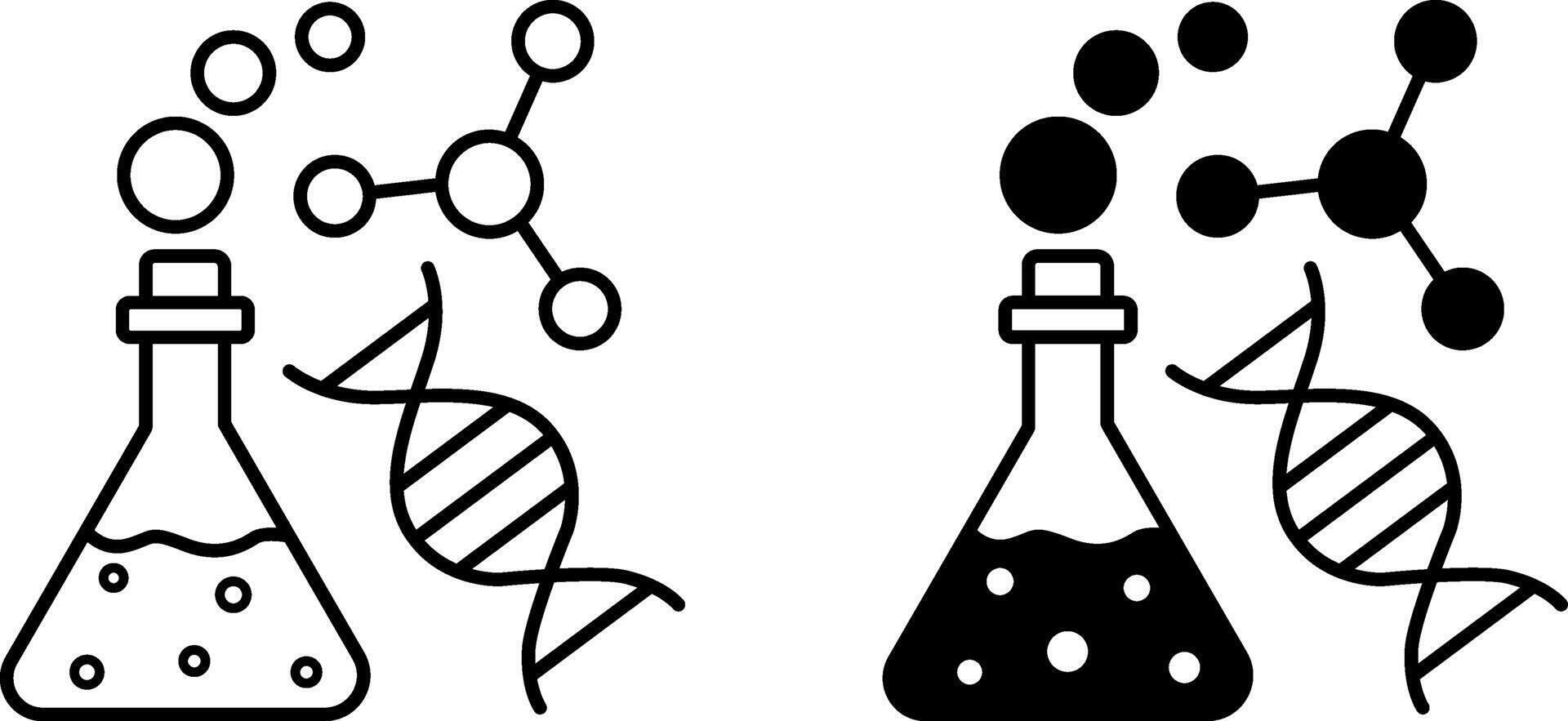 Science icons. Black and White Icons of Laboratory Flask with Chemical Substance, DNA Chain, and Molecule. Scientific research. Education Concept vector