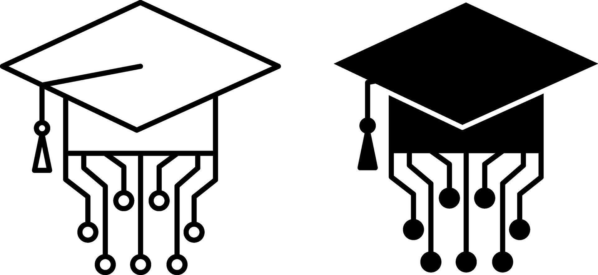 Digital Education Icons. Black and White Icons. Graduation Hat and Technology. Distance Learning, Online School, E-Learning vector