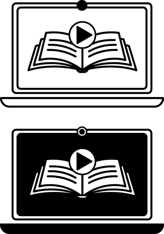 Online Course Icons. Black and White Icons. Laptop, Open Book, and Play Sign. Distance Learning, Online School, E-Learning. Online Education Concept vector