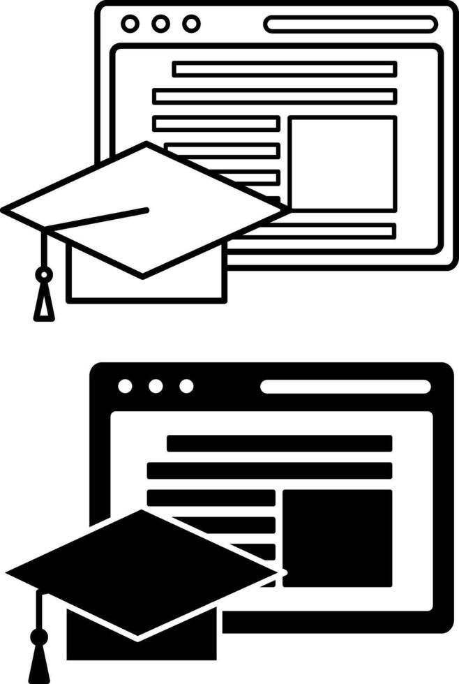 Icons Educational Website. Black and White Icons. Website Page and Graduation Cap. Online Courses Application. Online Education Concept vector