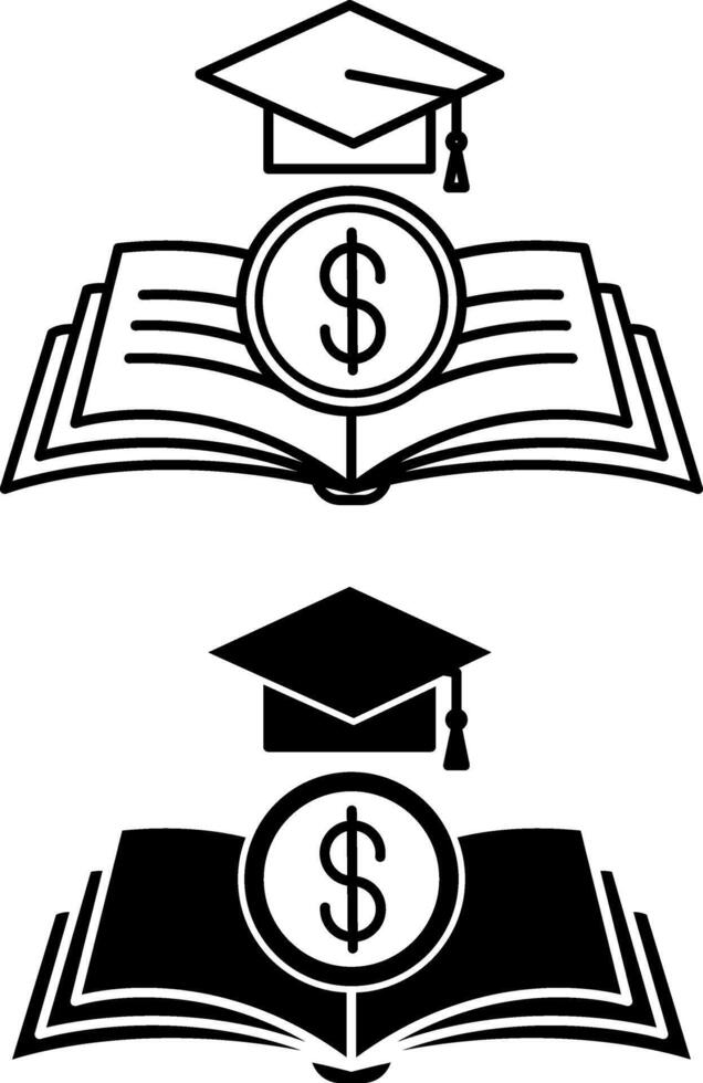 Icons Educational Cost. Black and White Icons. Open Book, Graduation Hat, and Dollar Coin. Tuition fees at the University and college. Education Concept vector