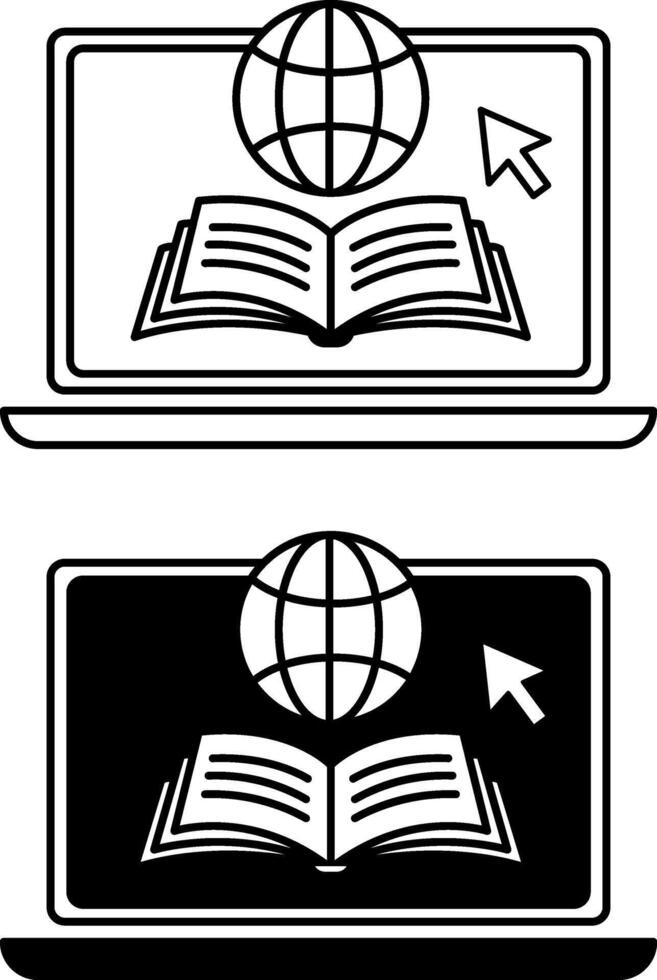 Learning Platform Icons. Black and White Icons. Laptop, Open Book, and World Wide Web. Distance Learning, Online School, E-Learning. Online Education Concept vector