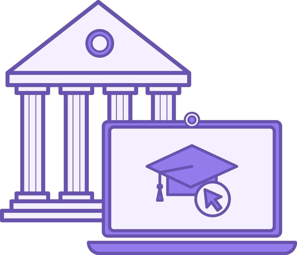 Online Academy Color Icon. Educational Institution Building, Laptop, and Graduation Cap. Distance Learning, E-Learning. Online Education Concept vector
